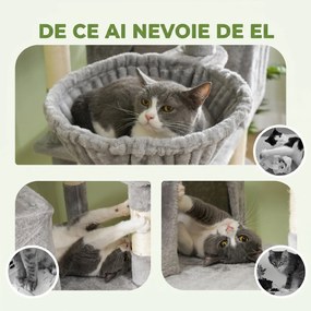 PawHut Ansamblu de Zgâriat pentru Pisici, 206 cm, cu Stâlpi din Sisal, Căsuțe și Hamace, Gri Închis | Aosom Romania