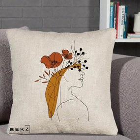 Perna Decorativa Portret Feminin Maci Rosii Auriu, 40x40 cm, Bej Canapea, Husa Detasabila, Perna Inclusa, BEKZ®