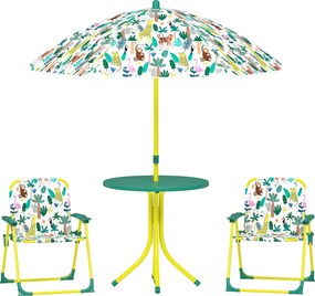 AIYAPLAY Masă de Picnic pentru Copii, Set Masă și Două Scaune Pliabile cu Umbrelă Demontabilă, Tematică Jungle, Mobilier de Exterior pentru Grădină, Terasă, Verde | Aosom Romania
