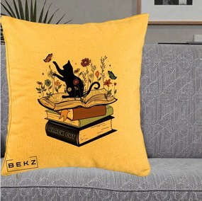 Perna Personalizata Pisica Neagra Carti Flori Fluturi, 40x40 cm, Galben, Husa Detasabila, Perna Inclusa, BEKZ®