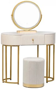 RESIGILAT- Set Bohemia Long, Masă de toaletă pentru machiaj cu oglindă iluminată LED, control touch, sertar, taburet, 100x40x75 cm, Bej