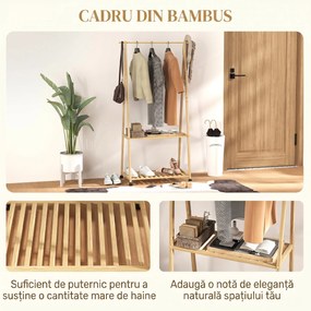 HOMCOM Cuier din Bambus cu Raft pentru Încălțăminte, 2 Cârlige, Cuier Mobil pentru Hol, Sufragerie, Natural | Aosom Romania