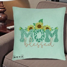 Cadou pentru Mama - Perna Personalizata Mom Blessed cu Floarea Soarelui Animal Print Teal, 40x40 cm, Verde Menta, Husa Detasabila, Perna Inclusa, BEKZ®