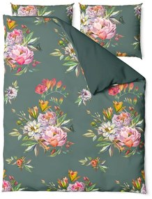 Lenjerie de pat din bumbac satinat pentru pat single Bonami Selection Floret, 140 x 200 cm, verde închis