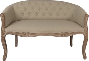 Bancheta 2 locuri shabby chic din stofă natur, cu spătar capitonat și picioare sculptate, 70 x 104 x 55 cm, „Vézelay”