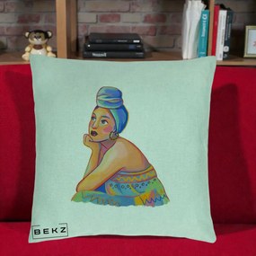 Perna Decorativa Portret Femeie Contemplativa, 40x40 cm, Verde Menta, Husa Detasabila, Perna Inclusa, BEKZ®