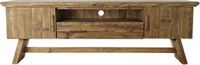 Comodă TV living din lemn reciclat, natur, cu 2 uși, 1 sertar, nișă deschisă și picioare oblice cu traversă, 60 x 180 x 45 cm, „Auburn”