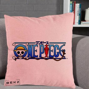 Perna Personalizata One Piece Clasic Albastru, 40x40 cm, Roz, Husa Detasabila, Perna Inclusa, BEKZ®