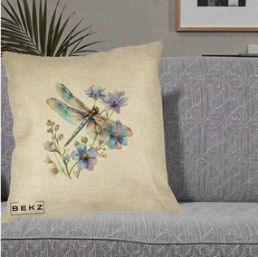 Perna Decorativa Libelula Acuarela Flori Albastre, 40x40 cm, Crem, Husa Detasabila, Perna Inclusa, BEKZ®