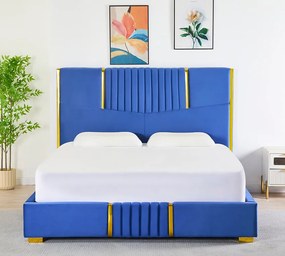 Pat Tapitat din Catifea Albastra cu Somiera si Saltea , 160x200 cm, Cod LB-215