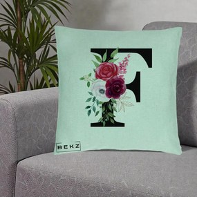Cadou Personalizat - Perna Personalizata Monograma Florala Litera F, 40x40 cm, Verde Menta, Husa Detasabila, Perna Inclusa, BEKZ®