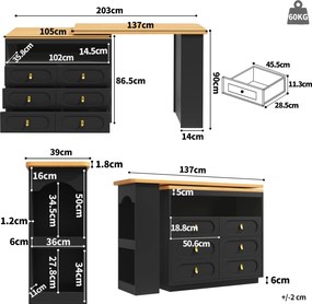 Masă de bar extensibilă cu rotire 360°, 6 sertare și raft lateral pentru gustări, 137-203x39x90 cm, Negru