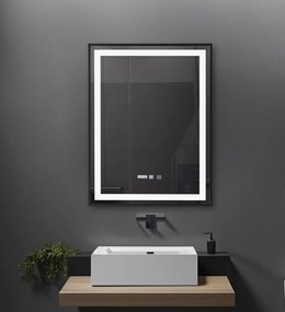 Oglindă baie, Multifuncțională, Iluminare LED Touch in 2 culori, Sistem Dezaburire, Ceas electronic încorporat, rama aluminiu, 60x80 cm, Negru