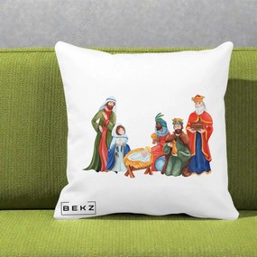 Perna Decorativa Nasterea Domnului Cei Trei Magi Acuarela, 40x40 cm, Alba Mata, Husa Detasabila, Perna Inclusa, BEKZ®