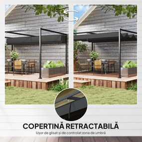 Outsunny Pergolă 3x2 m cu Acoperiș Retractabil, Orificii de Drenaj, Țepușe și Șuruburi, Pergolă de Grădină din Poliester și Metal, pentru Terasă, Curte, Exterior, Negru | Aosom Romania