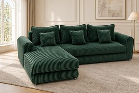 Colțar extensibil Sienna Mini din stofă raiată, verde, colț pe stânga, cu ladă de depozitare