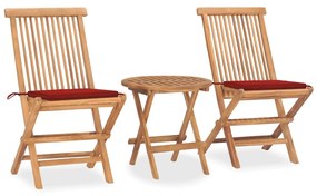 Set mobilier exterior pliabil cu perne, 3 piese, lemn masiv tec Rosu, 3
