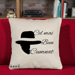 Cadou pentru Cumnat - Perna Personalizata Cel mai Bun Cumnat cu Silueta Palarie, 40x40 cm, Bej Canapea, Husa Detasabila, Perna Inclusa, BEKZ®
