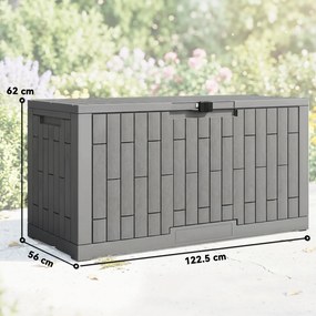 Outsunny Cutie de grădină 379 L Impermeabilă Încuiabilă Rezistentă la UV Cutie pentru perne cu aspect de lemn pentru grădină 122,5x56x62cm Gri | Aosom Romania