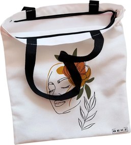 Sacosa de Panza pentru Cumparaturi, Geanta Tote, Flower Lady 7, Cu fermoar, 38x34.5 cm, Alba, BEKZ®