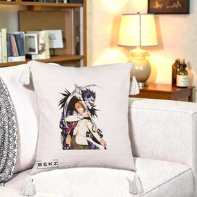 Perna Personalizata Death Note Light si Ryuk Duo, 40x40 cm, Bej cu Franjuri, Husa Detasabila, Perna Inclusa, BEKZ®