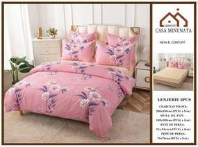 Lenjerie de pat din Bumbac Finet, Cearceaf cu Elastic - Roz Cu Flori