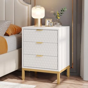 NOA70 - Set 2x Noptiere 50 cm, cu 3 sertare, dormitor - Alb - Auriu