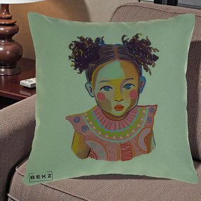 Perna Decorativa Fetita Vesela Portret Colorat, 40x40 cm, Verde, Husa Detasabila, Perna Inclusa, BEKZ®