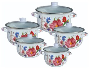 Set 5 oale cu capac din sticla Rosberg R54518H5G, 10 piese, Emailate, Inducție, Alb/Imprimeu floral