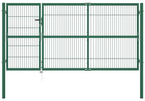 Poarta gard de gradina cu stalpi, verde, 350 x 140 cm, otel Verde, 140 cm