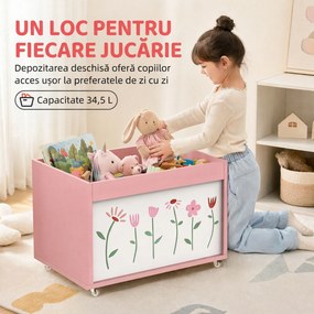 AIYAPLAY Cufăr pentru jucării copii 3-8 ani cu roți, 34,5 L, 15 kg, 50 x 30 x 33,5 cm, pentru dormitor, roz | Aosom Romania