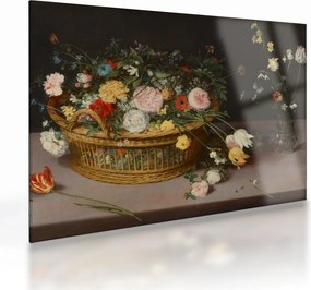 Tablou pe sticlă - Jan Brueghel the Elder, Flowers in a Basket and a Vase, reproducere (70x50 cm)