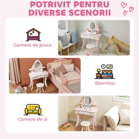 AIYAPLAY Set Masă de Toaletă pentru Copii cu Oglindă și Scaunel, 7 Accesorii de Joc, Sertar, Depozitare pe Birou, Roz | Aosom Romania