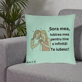 Cadou pentru Sora - Perna Personalizata Sora Mea Te Iubesc Imbratisare cu Sclipiri, 40x40 cm, Verde Menta, Husa Detasabila, Perna Inclusa, BEKZ®