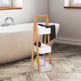 Raft cu 3 etajere Dulapior pentru baie cu economisire spatiu si multifunctional din lemn MDF si bambus 21x30x81cm, Alb HOMCOM | Aosom RO
