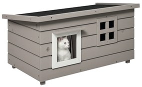 Casa din lemn pentru pisici Pawhut, Canisa de adapost ridicata pentru pisici, Casuta de joaca pentru animale de companie, cu acoperis de asfalt, Cortina din PVC, Fereastra, 87 x 52 x 48 cm, Gri | Aosom Romania
