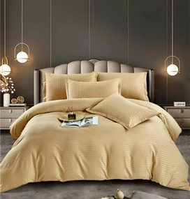 Set 10 Lenjerii Horeca, Pat Dublu, 100% Damasc Premium, 6 Piese, Cu Elastic - Galben