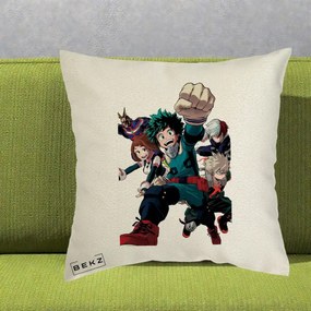 Perna Personalizata My Hero Academia Izuku Deku si Echipa, 40x40 cm, Ecru, Husa Detasabila, Perna Inclusa, BEKZ®