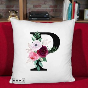 Cadou Personalizat - Perna Personalizata Monograma Florala Litera P, 40x40 cm, Alb Pufos, Husa Detasabila, Perna Inclusa, BEKZ®