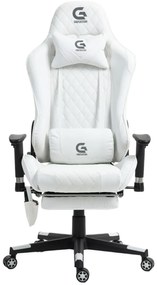 RESIGILAT- Scaun gaming, Masaj in 7 puncte, Boxe Bluetooth, funcție șezlong, 90-180 grade, suport picioare, sezut benzi elastice sustinere suplimentara, PU, Alb