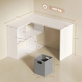 HOMCOM Birou Colțar pentru Computer, 110x100 cm, Birou în Formă de L cu Raft și Sertar din Material Textil, Masă pentru PC pentru Dormitor, Birou și Studio, Alb | Aosom Romania