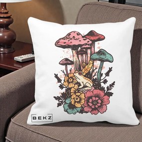Perna Decorativa Ciuperci si Broaste Boho, 40x40 cm, Alba Mata, Husa Detasabila, Perna Inclusa, BEKZ®