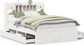 vidaXL Pat cu bibliotecă fără saltea, alb, 140x190 cm, lemn masiv pin