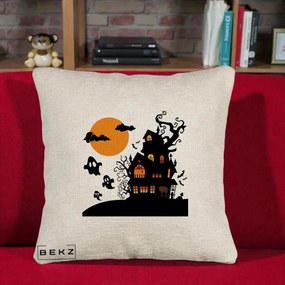 Perna Decorativa Halloween Casa Bantuita cu Fantome, 40x40 cm, Bej Canapea, Husa Detasabila, Perna Inclusa, BEKZ®