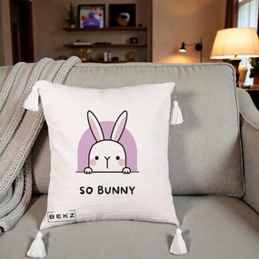 Perna Decorativa So Bunny Kawaii, 40x40 cm, Bej cu Franjuri, Husa Detasabila, Perna Inclusa, BEKZ®