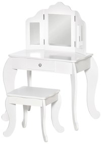 HOMCOM Coafatoare pentru Copii cu Taburet, oglindă triptică și Sertar Culisant - Dimensiuni Coafatoare 63L x 40l x 85,5H cm - Alb Acrilic | Aosom Romania