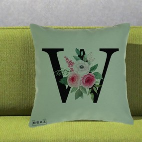 Cadou Personalizat - Perna Personalizata Monograma Florala Litera W cu Trandafiri si Anemona, 40x40 cm, Verde, Husa Detasabila, Perna Inclusa, BEKZ®