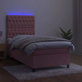 Pat cu arcuri, saltea si LED, roz, 90x190 cm, catifea Roz, 90 x 190 cm, Design cu nasturi