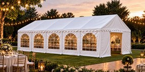 Cort evenimente Economy, 5 × 10 m, 50 m², PVC 440 g/m², structură metalică ranforsată, 10 ferestre, înălțime 2.9 m, Alb,