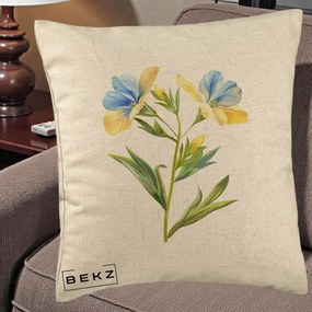 Perna Decorativa Botanica Frezie Galbena si Albastra, 40x40 cm, Bej, Husa Detasabila, Perna Inclusa, BEKZ®